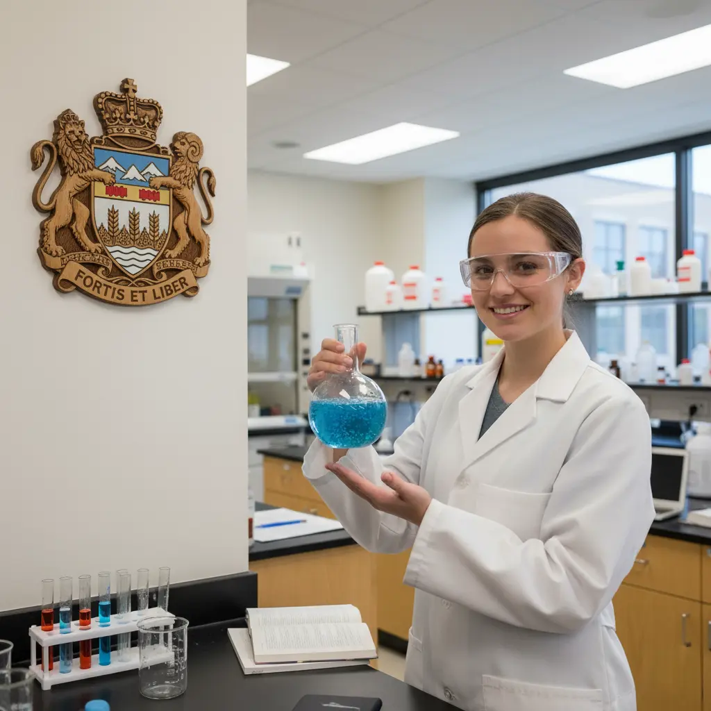 hemistry student in a lab coat and safety goggles holding a flask of blue liquid, with a wall plaque featuring the Alberta Coat of Arms on the left.