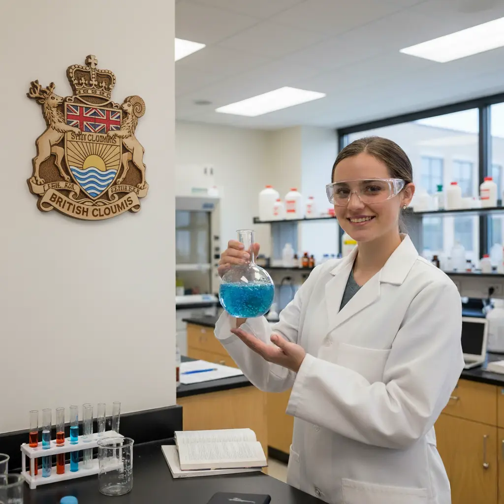 Chemistry student in a lab coat and safety goggles holding a flask of blue liquid, with a wall plaque featuring the British Columbia Coat of Arms on the left.