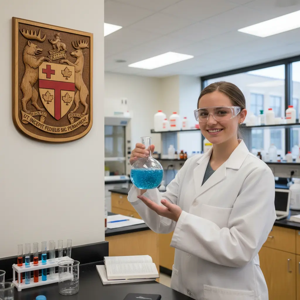 Chemistry student in a white lab coat and safety goggles holding a flask of blue liquid, with a wall plaque featuring the Ontario Coat of Arms and the motto 'Ut incepit fidelis sic permanet'.