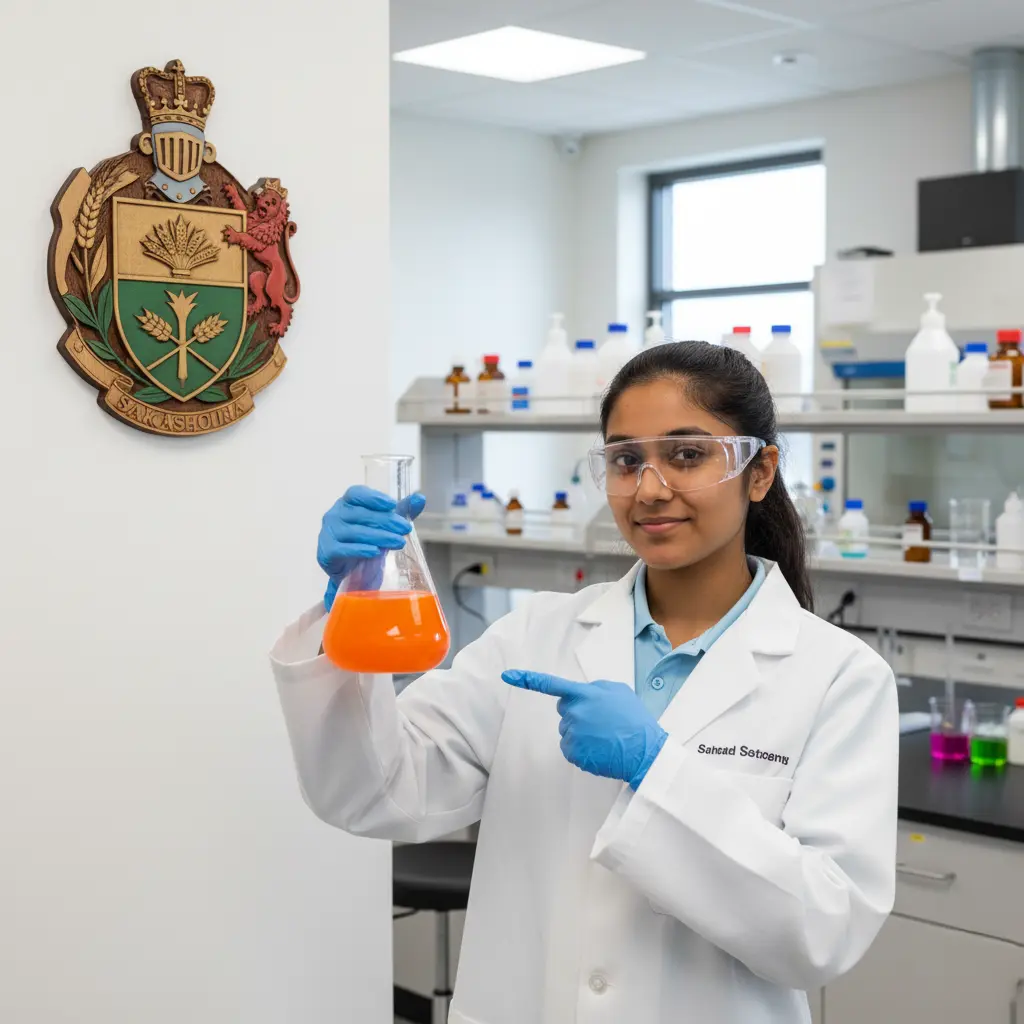 A female chemistry student in a lab coat, safety goggles, and blue gloves holds a conical flask with orange liquid, pointing to it, with the Saskatchewan Coat of Arms plaque on the wall.